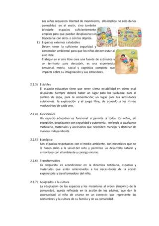Los niños requieren libertad de movimiento, ello implica no solo darles
comodidad en el vestir, sino también
brindarle espacios suﬁcientemente
amplios para que puedan desplazarse sin
tropezarse con otros o con los objetos.
E) Espacios externos saludables
Deben tener la suﬁciente seguridad y
contención ambiental para que los niños deseen estar al
aire libre.
Trabajar en el aire libre crea una fuente de estímulos y
un territorio para descubrir, es una experiencia
sensorial, motriz, social y cognitiva completa que
impacta sobre su imaginación y sus emociones.
2.2.3) Estables
El espacio educativo tiene que tener cierta estabilidad en cómo está
dispuesto. Siempre deberá haber un lugar para los cuidados: para el
cambio de ropa, para la alimentación; un lugar para las actividades
autónomas: la exploración y el juego libre, de acuerdo a los ritmos
madurativos de cada uno.
2.2.4) Funcionales
Un espacio educativo es funcional si permite a todos los niños, sin
excepción, desplazarse con seguridad y autonomía, teniendo a su alcance
mobiliario, materiales y accesorios que necesiten manejar y dominar de
manera independiente.
2.2.5) Ecológico
Son espacios respetuosos con el medio ambiente, con materiales que no
le hacen daño a la salud del niño y permiten un desarrollo natural y
armonioso con el ambiente y consigo mismo.
2.2.6) Transformables
La propuesta es acondicionar en la dinámica cotidiana, espacios y
materiales que estén relacionados a las necesidades de la acción
exploratoria y transformadora del niño.
2.2.7) Adaptados a la cultura
La adaptación de los espacios y los materiales al orden simbólico de la
comunidad, queda reflejada en la acción de los adultos, que dan la
oportunidad al niño de criarse en un contexto que represente las
costumbres y la cultura de su familia y de su comunidad.
 