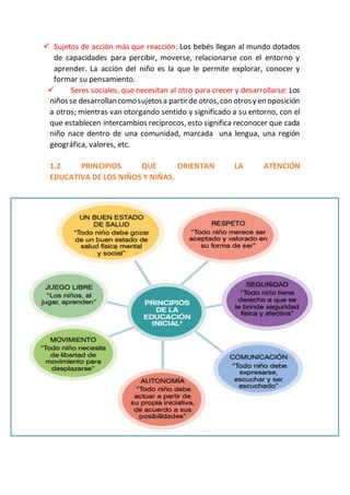  Sujetos de acción más que reacción: Los bebés llegan al mundo dotados
de capacidades para percibir, moverse, relacionarse con el entorno y
aprender. La acción del niño es la que le permite explorar, conocer y
formar su pensamiento.
 Seres sociales, que necesitan al otro para crecer y desarrollarse: Los
niñosse desarrollancomosujetosa partirde otros,con otrosy en oposición
a otros; mientras van otorgando sentido y significado a su entorno, con el
que establecen intercambios recíprocos, esto significa reconocer que cada
niño nace dentro de una comunidad, marcada una lengua, una región
geográfica, valores, etc.
1.2 PRINCIPIOS QUE ORIENTAN LA ATENCIÓN
EDUCATIVA DE LOS NIÑOS Y NIÑAS.
 