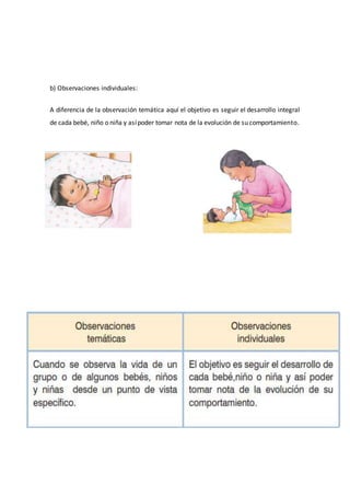 b) Observaciones individuales:
A diferencia de la observación temática aquí el objetivo es seguir el desarrollo integral
de cada bebé, niño o niña y asípoder tomar nota de la evolución de su comportamiento.
 