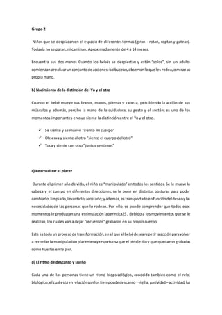 Grupo 2
Niños que se desplazan en el espacio de diferentesformas (giran - rotan, reptan y gatean).
Todavía no se paran, ni caminan. Aproximadamente de 4 a 14 meses.
Encuentra sus dos manos Cuando los bebés se despiertan y están “solos”, sin un adulto
comienzanarealizarunconjuntode acciones:balbucean,observanloque les rodea,omiransu
propia mano.
b) Nacimiento de la distinción del Yo y el otro
Cuando el bebé mueve sus brazos, manos, piernas y cabeza, percibiendo la acción de sus
músculos y además, percibe la mano de la cuidadora, su gesto y el sostén; es uno de los
momentos importantes en que siente la distinción entre el Yo y el otro.
 Se siente y se mueve "siento mi cuerpo"
 Observa y siente al otro "siento el cuerpo del otro"
 Toca y siente con otro "juntos sentimos"
c) Reactualizar el placer
Durante el primer año de vida, el niño es “manipulado” en todos los sentidos. Se le mueve la
cabeza y el cuerpo en diferentes direcciones, se le pone en distintas posturas para poder
cambiarlo,limpiarlo,levantarlo,acostarlo;yademás,estransportadoenfuncióndeldeseoylas
necesidades de las personas que lo rodean. Por ello, se puede comprender que todos esos
momentos le produzcan una estimulación laberíntica25 , debido a los movimientos que se le
realizan, los cuales van a dejar “recuerdos” grabados en su propio cuerpo.
Este estodoun procesode transformación,enel que elbebédesearepetirlaacciónparavolver
a recordar la manipulaciónplacenterayrespetuosaque el otrole dioy que quedarongrabadas
como huellas en la piel.
d) El ritmo de descanso y sueño
Cada una de las personas tiene un ritmo biopsicológico, conocido también como el reloj
biológico,el cual estáenrelaciónconlostiemposde descanso - vigilia,pasividad –actividad,luz
 