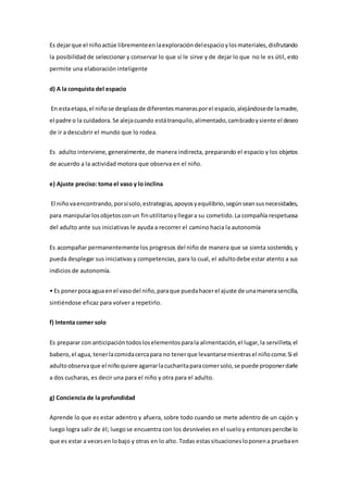 Es dejarque el niñoactúe librementeenlaexploracióndelespacioylosmateriales,disfrutando
la posibilidad de seleccionar y conservar lo que sí le sirve y de dejar lo que no le es útil, esto
permite una elaboración inteligente
d) A la conquista del espacio
En estaetapa,el niñose desplazade diferentesmanerasporel espacio,alejándosede lamadre,
el padre o la cuidadora.Se alejacuando estátranquilo,alimentado,cambiadoysiente el deseo
de ir a descubrir el mundo que lo rodea.
Es adulto interviene, generalmente,de manera indirecta, preparando el espacio y los objetos
de acuerdo a la actividad motora que observa en el niño.
e) Ajuste preciso: toma el vaso y lo inclina
El niñovaencontrando,porsísolo,estrategias,apoyosyequilibrio,segúnseansusnecesidades,
para manipularlosobjetosconun finutilitarioyllegara su cometido.La compañía respetuosa
del adulto ante sus iniciativas le ayuda a recorrer el camino hacia la autonomía
Es acompañar permanentemente los progresos del niño de manera que se sienta sostenido, y
pueda desplegar sus iniciativasy competencias, para lo cual, el adultodebe estar atento a sus
indicios de autonomía.
• Es ponerpocaaguaenel vasodel niño,paraque puedahacerel ajuste de unamanerasencilla,
sintiéndose eficaz para volver a repetirlo.
f) Intenta comer solo
Es preparar con anticipacióntodosloselementosparala alimentación,el lugar,la servilleta,el
babero,el agua,tenerlacomidacercapara no tenerque levantarsemientrasel niñocome.Si el
adultoobservaque el niñoquiere agarrarlacucharitaparacomersolo,se puede proponerdarle
a dos cucharas, es decir una para el niño y otra para el adulto.
g) Conciencia de la profundidad
Aprende lo que es estar adentro y afuera, sobre todo cuando se mete adentro de un cajón y
luego logra salir de él; luegose encuentra con los desniveles en el sueloy entoncespercibe lo
que es estar a vecesen lobajo y otras en lo alto.Todas estassituacionesloponena pruebaen
 
