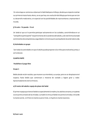 En esta etapase comienzaa observarla habilidadpara el dibujo,desde que empezóarealizar
sus primerostrazoshasta ahora, se ve que hay una evolucióndel dibujoque tiene que vercon
su desarrollo madurativo, en especial con las posibilidades de representarse y representar el
mundo.
j) Yo solo – Yo puedo – Yo sé
Un bebé al que se le permite participar activamente en los cuidados, convirtiéndose en un
“compañeroparticipante”requerirámenosde laasistenciadeladulto,yde estaformaalcanzará
sentimientosdecompetenciayseguridadensímismoqueloacompañarándurante todalavida.
k) Actividades en grupo
Son todaslasactividadesenque el adultopuedeproponeralosniñospararealizarlasjuntos,si
así lo desean.
CUARTA PARTE
Posibilitar el juego libre
Grupo 1
Bebésdesde reciénnacidos,que muevensusmiembros,sucuerpo,perono se desplazanenel
espacio; hasta bebés que comienzan a moverse de costado y logran girar y rodar.
Aproximadamente de 0 a 9 meses.
a) El rostro del adulto: espejo de placer del bebé
El primerespejoque tieneel bebéesespecialmentelamadre ylosadultoscercanos,enquienes
se encuentraatravésde lasmiradas.Lamadre lomirayel bebé encuentralamirada;si élsonríe
la mamá sonríe, si él llora la mamá se pone triste, si él grita la mamá reacciona.
b) Cucú cucú
 