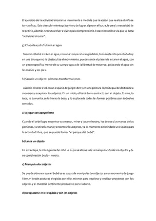 El ejercicio de la actividad circular se incrementa a medida que la acción que realiza el niñose
torna eficaz.Este descubrimientoplacenterode lograralgoconeficacia,le creala necesidadde
repetirlo,ademásnecesitavolveravivirlopara comprenderlo.Estareiteracióneslaquese llama
“actividad circular”.
g) Chapotea y disfruta en el agua
Cuandoel bebé estáenel agua,con una temperaturaagradable,biensostenidoporel adultoy
enuna tina que no le obstaculizael movimiento,puede sentirel placerde estarenel agua, con
un pesoespecíficomenorde sucuerpoygoza de lalibertadde moverse,golpeandoel aguacon
las manos y los pies.
h) Sacude un objeto: primeras transformaciones
Cuando el bebé estáen un espaciode juegolibre y enuna postura cómoda puede dedicarse a
moverse y a explorar los objetos.En un inicio,el bebé toma contacto con el objeto, lo mira, lo
toca, lo da vuelta,se lollevaa la boca, y loexplorade todas lasformas posiblesycon todoslos
sentidos.
a) A jugar con apoyo firme
Cuandoel bebé lograencontrarsus manos,mirar y tocar el rostro, losdedosy lasmanos de las
personas,yestirarlamanoyencontrarlosobjetos,yaesmomentode brindarleunespaciopara
la actividad libre, que se puede llamar “el parque del bebé”.
b) Lanza un objeto
En estaetapa,la inteligenciadel niñose expresaatravésde lamanipulaciónde losobjetosyde
su coordinación óculo - motriz.
c) Manipula dos objetos
Se puede observarque el bebé yaes capaz de manipulardosobjetosenun momentode juego
libre, y desde posturas elegidas por ellos mismos para explorar y realizar proyectos con los
objetos y el material pertinente propuesto por el adulto.
d) Desplazarse en el espacio y con los objetos
 
