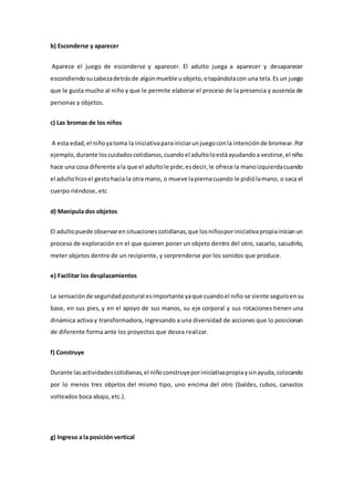 b) Esconderse y aparecer
Aparece el juego de esconderse y aparecer. El adulto juega a aparecer y desaparecer
escondiendosucabezadetrásde algúnmueble uobjeto,otapándolacon una tela.Es un juego
que le gusta mucho al niño y que le permite elaborar el proceso de la presencia y ausencia de
personas y objetos.
c) Las bromas de los niños
A esta edad,el niñoyatoma la iniciativaparainiciarunjuegoconla intenciónde bromear.Por
ejemplo, durante loscuidadoscotidianos,cuandoel adultoloestáayudandoa vestirse,el niño
hace una cosa diferente ala que el adultole pide;esdecir,le ofrece la manoizquierdacuando
el adultohizoel gestohacia la otra mano, o mueve lapiernacuando le pidiólamano, o saca el
cuerpo riéndose, etc
d) Manipula dos objetos
El adultopuede observarensituacionescotidianas,que losniñosporiniciativapropiainicianun
proceso de exploración en el que quieren poner un objeto dentro del otro, sacarlo, sacudirlo,
meter objetos dentro de un recipiente, y sorprenderse por los sonidos que produce.
e) Facilitar los desplazamientos
La sensaciónde seguridadpostural esimportante yaque cuandoel niño se siente seguroensu
base, en sus pies, y en el apoyo de sus manos, su eje corporal y sus rotaciones tienen una
dinámica activa y transformadora, ingresando a una diversidad de acciones que lo posicionan
de diferente forma ante los proyectos que desea realizar.
f) Construye
Durante lasactividadescotidianas,el niñoconstruyeporiniciativapropiaysinayuda,colocando
por lo menos tres objetos del mismo tipo, uno encima del otro (baldes, cubos, canastos
volteados boca abajo, etc.).
g) Ingreso a la posición vertical
 