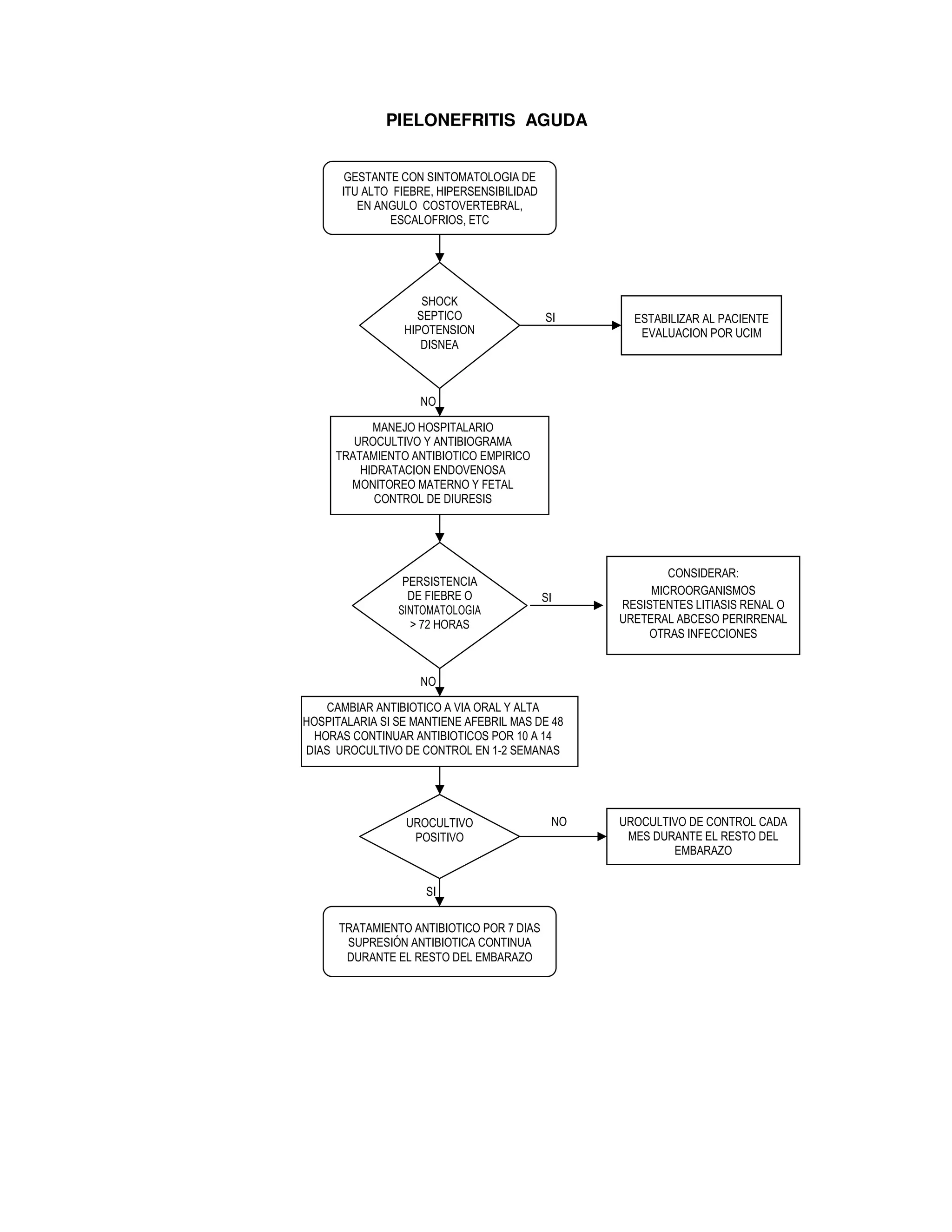 SI
SI
NO
NO
SI
NO
PIELONEFRITIS AGUDA
GESTANTE CON SINTOMATOLOGIA DE
ITU ALTO FIEBRE, HIPERSENSIBILIDAD
EN ANGULO COSTOVERTEBRAL,
ESCALOFRIOS, ETC
SHOCK
SEPTICO
HIPOTENSION
DISNEA
ESTABILIZAR AL PACIENTE
EVALUACION POR UCIM
MANEJO HOSPITALARIO
UROCULTIVO Y ANTIBIOGRAMA
TRATAMIENTO ANTIBIOTICO EMPIRICO
HIDRATACION ENDOVENOSA
MONITOREO MATERNO Y FETAL
CONTROL DE DIURESIS
CONSIDERAR:
MICROORGANISMOS
RESISTENTES LITIASIS RENAL O
URETERAL ABCESO PERIRRENAL
OTRAS INFECCIONES
TRATAMIENTO ANTIBIOTICO POR 7 DIAS
SUPRESIÓN ANTIBIOTICA CONTINUA
DURANTE EL RESTO DEL EMBARAZO
PERSISTENCIA
DE FIEBRE O
SINTOMATOLOGIA
> 72 HORAS
CAMBIAR ANTIBIOTICO A VIA ORAL Y ALTA
HOSPITALARIA SI SE MANTIENE AFEBRIL MAS DE 48
HORAS CONTINUAR ANTIBIOTICOS POR 10 A 14
DIAS UROCULTIVO DE CONTROL EN 1-2 SEMANAS
UROCULTIVO
POSITIVO
UROCULTIVO DE CONTROL CADA
MES DURANTE EL RESTO DEL
EMBARAZO
 
