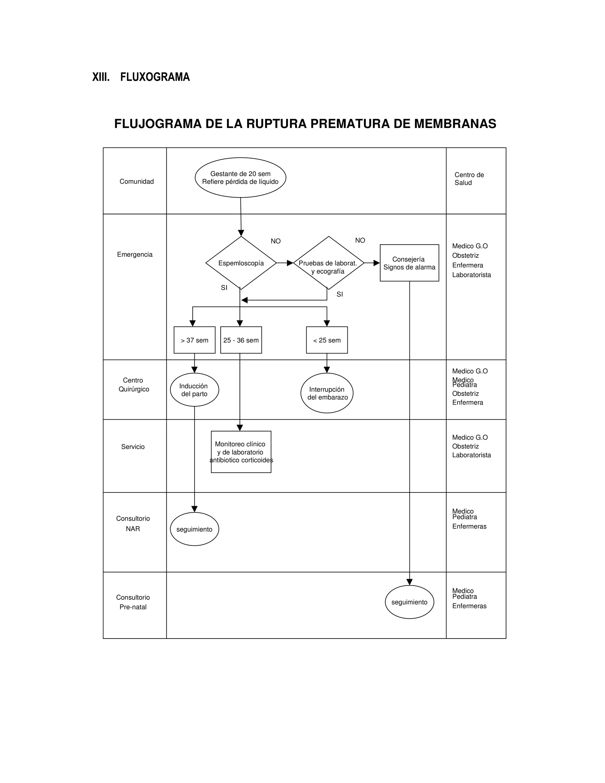 XIII. FLUXOGRAMA
FLUJOGRAMA DE LA RUPTURA PREMATURA DE MEMBRANAS
Gestante de 20 sem
Refiere pérdida de líquido
Espemloscopía Pruebas de laborat.
y ecografía
Consejería
Signos de alarma
Comunidad
Emergencia
Medico G.O
Obstetriz
Enfermera
Laboratorista
Centro de
Salud
> 37 sem 25 - 36 sem < 25 sem
Centro
Quirúrgico Inducción
del parto
Monitoreo clínico
y de laboratorio
antibiotico corticoides
Interrupción
del embarazo
seguimiento
seguimiento
Servicio
Consultorio
NAR
Consultorio
Pre-natal
NONO
SI
SI
Medico G.O
Medico
Pediatra
Obstetriz
Enfermera
Medico G.O
Obstetriz
Laboratorista
Medico
Pediatra
Enfermeras
Medico
Pediatra
Enfermeras
 