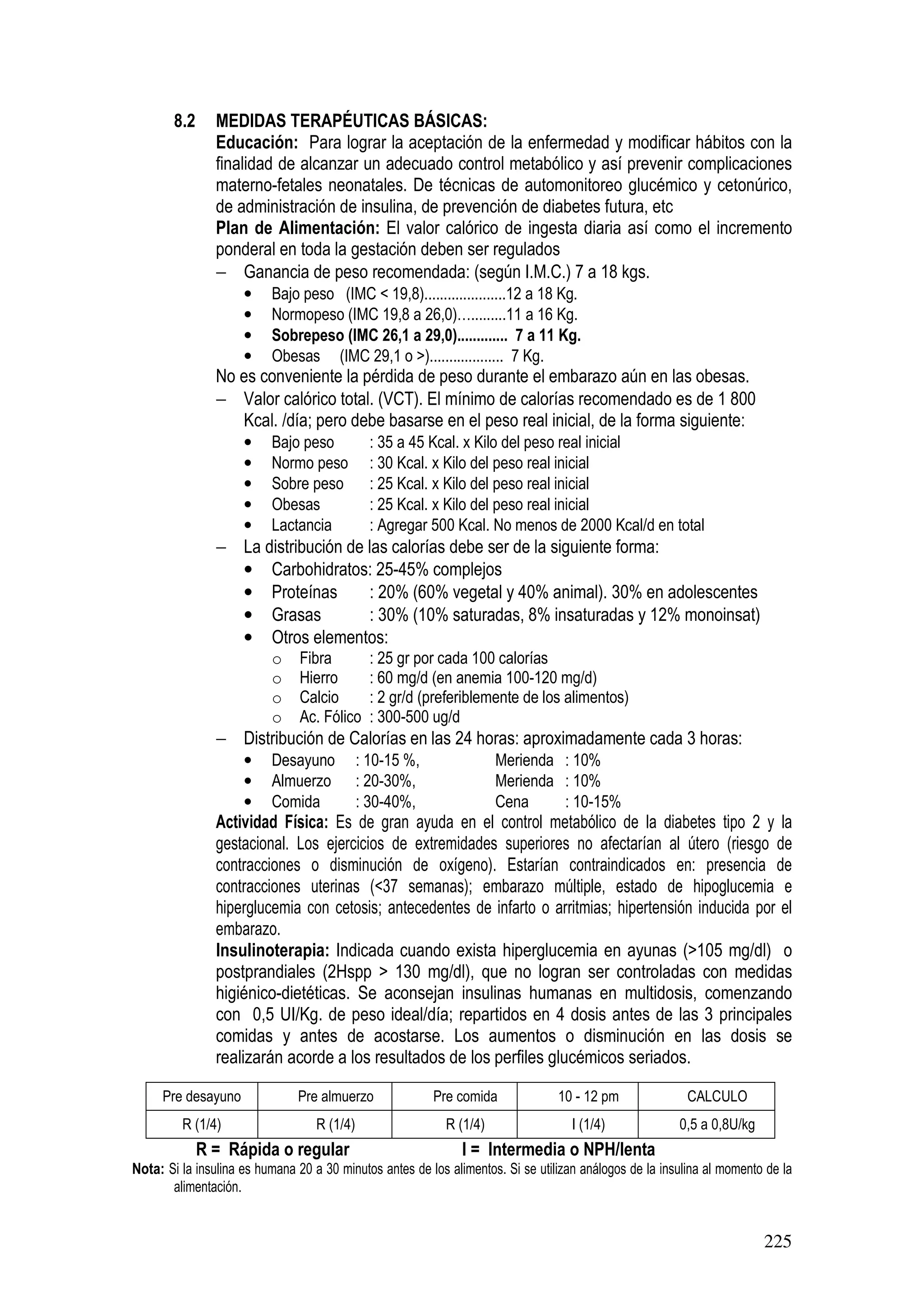 225
8.2 MEDIDAS TERAPÉUTICAS BÁSICAS:
Educación: Para lograr la aceptación de la enfermedad y modificar hábitos con la
finalidad de alcanzar un adecuado control metabólico y así prevenir complicaciones
materno-fetales neonatales. De técnicas de automonitoreo glucémico y cetonúrico,
de administración de insulina, de prevención de diabetes futura, etc
Plan de Alimentación: El valor calórico de ingesta diaria así como el incremento
ponderal en toda la gestación deben ser regulados
− Ganancia de peso recomendada: (según I.M.C.) 7 a 18 kgs.
• Bajo peso (IMC < 19,8).....................12 a 18 Kg.
• Normopeso (IMC 19,8 a 26,0)….........11 a 16 Kg.
• Sobrepeso (IMC 26,1 a 29,0)............. 7 a 11 Kg.
• Obesas (IMC 29,1 o >)................... 7 Kg.
No es conveniente la pérdida de peso durante el embarazo aún en las obesas.
− Valor calórico total. (VCT). El mínimo de calorías recomendado es de 1 800
Kcal. /día; pero debe basarse en el peso real inicial, de la forma siguiente:
• Bajo peso : 35 a 45 Kcal. x Kilo del peso real inicial
• Normo peso : 30 Kcal. x Kilo del peso real inicial
• Sobre peso : 25 Kcal. x Kilo del peso real inicial
• Obesas : 25 Kcal. x Kilo del peso real inicial
• Lactancia : Agregar 500 Kcal. No menos de 2000 Kcal/d en total
− La distribución de las calorías debe ser de la siguiente forma:
• Carbohidratos: 25-45% complejos
• Proteínas : 20% (60% vegetal y 40% animal). 30% en adolescentes
• Grasas : 30% (10% saturadas, 8% insaturadas y 12% monoinsat)
• Otros elementos:
o Fibra : 25 gr por cada 100 calorías
o Hierro : 60 mg/d (en anemia 100-120 mg/d)
o Calcio : 2 gr/d (preferiblemente de los alimentos)
o Ac. Fólico : 300-500 ug/d
− Distribución de Calorías en las 24 horas: aproximadamente cada 3 horas:
• Desayuno : 10-15 %, Merienda : 10%
• Almuerzo : 20-30%, Merienda : 10%
• Comida : 30-40%, Cena : 10-15%
Actividad Física: Es de gran ayuda en el control metabólico de la diabetes tipo 2 y la
gestacional. Los ejercicios de extremidades superiores no afectarían al útero (riesgo de
contracciones o disminución de oxígeno). Estarían contraindicados en: presencia de
contracciones uterinas (<37 semanas); embarazo múltiple, estado de hipoglucemia e
hiperglucemia con cetosis; antecedentes de infarto o arritmias; hipertensión inducida por el
embarazo.
Insulinoterapia: Indicada cuando exista hiperglucemia en ayunas (>105 mg/dl) o
postprandiales (2Hspp > 130 mg/dl), que no logran ser controladas con medidas
higiénico-dietéticas. Se aconsejan insulinas humanas en multidosis, comenzando
con 0,5 UI/Kg. de peso ideal/día; repartidos en 4 dosis antes de las 3 principales
comidas y antes de acostarse. Los aumentos o disminución en las dosis se
realizarán acorde a los resultados de los perfiles glucémicos seriados.
Pre desayuno Pre almuerzo Pre comida 10 - 12 pm CALCULO
R (1/4) R (1/4) R (1/4) I (1/4) 0,5 a 0,8U/kg
R = Rápida o regular I = Intermedia o NPH/lenta
Nota: Si la insulina es humana 20 a 30 minutos antes de los alimentos. Si se utilizan análogos de la insulina al momento de la
alimentación.
 