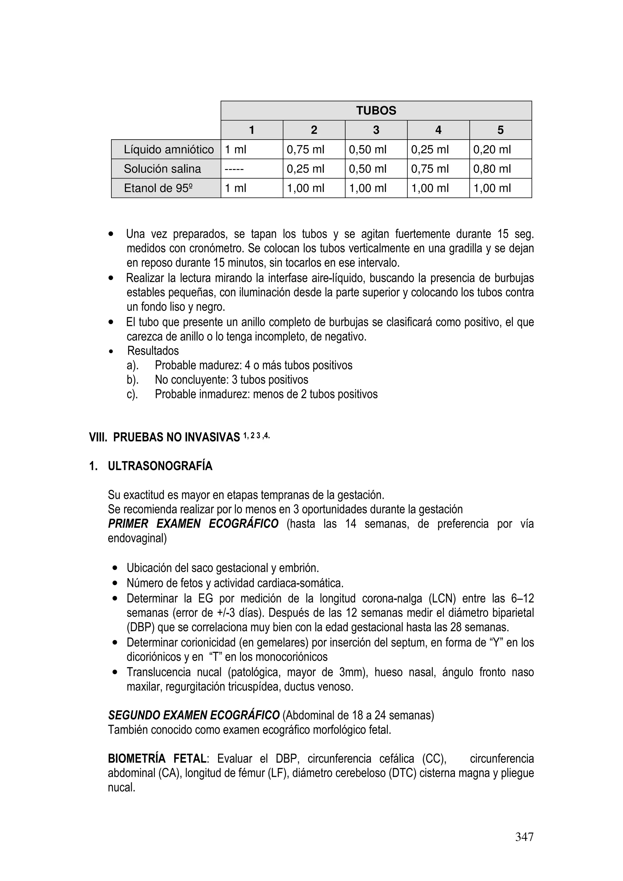 347
TUBOS
1 2 3 4 5
Líquido amniótico 1 ml 0,75 ml 0,50 ml 0,25 ml 0,20 ml
Solución salina ----- 0,25 ml 0,50 ml 0,75 ml 0,80 ml
Etanol de 95º 1 ml 1,00 ml 1,00 ml 1,00 ml 1,00 ml
• Una vez preparados, se tapan los tubos y se agitan fuertemente durante 15 seg.
medidos con cronómetro. Se colocan los tubos verticalmente en una gradilla y se dejan
en reposo durante 15 minutos, sin tocarlos en ese intervalo.
• Realizar la lectura mirando la interfase aire-líquido, buscando la presencia de burbujas
estables pequeñas, con iluminación desde la parte superior y colocando los tubos contra
un fondo liso y negro.
• El tubo que presente un anillo completo de burbujas se clasificará como positivo, el que
carezca de anillo o lo tenga incompleto, de negativo.
• Resultados
a). Probable madurez: 4 o más tubos positivos
b). No concluyente: 3 tubos positivos
c). Probable inmadurez: menos de 2 tubos positivos
VIII. PRUEBAS NO INVASIVAS 1, 2 3 ,4.
1. ULTRASONOGRAFÍA
Su exactitud es mayor en etapas tempranas de la gestación.
Se recomienda realizar por lo menos en 3 oportunidades durante la gestación
PRIMER EXAMEN ECOGRÁFICO (hasta las 14 semanas, de preferencia por vía
endovaginal)
• Ubicación del saco gestacional y embrión.
• Número de fetos y actividad cardiaca-somática.
• Determinar la EG por medición de la longitud corona-nalga (LCN) entre las 6–12
semanas (error de +/-3 días). Después de las 12 semanas medir el diámetro biparietal
(DBP) que se correlaciona muy bien con la edad gestacional hasta las 28 semanas.
• Determinar corionicidad (en gemelares) por inserción del septum, en forma de “Y” en los
dicoriónicos y en “T” en los monocoriónicos
• Translucencia nucal (patológica, mayor de 3mm), hueso nasal, ángulo fronto naso
maxilar, regurgitación tricuspídea, ductus venoso.
SEGUNDO EXAMEN ECOGRÁFICO (Abdominal de 18 a 24 semanas)
También conocido como examen ecográfico morfológico fetal.
BIOMETRÍA FETAL: Evaluar el DBP, circunferencia cefálica (CC), circunferencia
abdominal (CA), longitud de fémur (LF), diámetro cerebeloso (DTC) cisterna magna y pliegue
nucal.
 