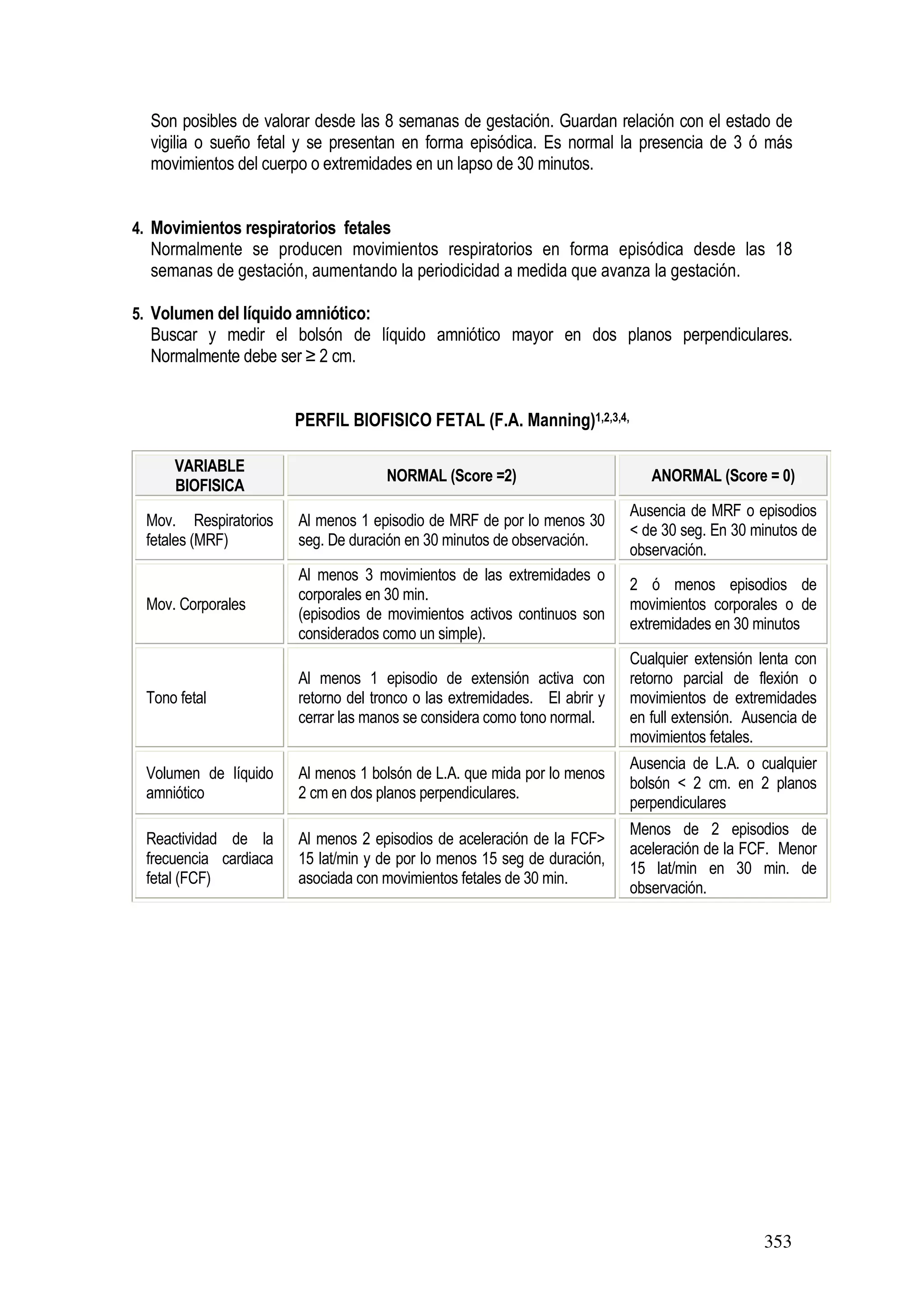 353
Son posibles de valorar desde las 8 semanas de gestación. Guardan relación con el estado de
vigilia o sueño fetal y se presentan en forma episódica. Es normal la presencia de 3 ó más
movimientos del cuerpo o extremidades en un lapso de 30 minutos.
4. Movimientos respiratorios fetales
Normalmente se producen movimientos respiratorios en forma episódica desde las 18
semanas de gestación, aumentando la periodicidad a medida que avanza la gestación.
5. Volumen del líquido amniótico:
Buscar y medir el bolsón de líquido amniótico mayor en dos planos perpendiculares.
Normalmente debe ser ≥ 2 cm.
PERFIL BIOFISICO FETAL (F.A. Manning)1,2,3,4,
VARIABLE
BIOFISICA
NORMAL (Score =2) ANORMAL (Score = 0)
Mov. Respiratorios
fetales (MRF)
Al menos 1 episodio de MRF de por lo menos 30
seg. De duración en 30 minutos de observación.
Ausencia de MRF o episodios
< de 30 seg. En 30 minutos de
observación.
Mov. Corporales
Al menos 3 movimientos de las extremidades o
corporales en 30 min.
(episodios de movimientos activos continuos son
considerados como un simple).
2 ó menos episodios de
movimientos corporales o de
extremidades en 30 minutos
Tono fetal
Al menos 1 episodio de extensión activa con
retorno del tronco o las extremidades. El abrir y
cerrar las manos se considera como tono normal.
Cualquier extensión lenta con
retorno parcial de flexión o
movimientos de extremidades
en full extensión. Ausencia de
movimientos fetales.
Volumen de líquido
amniótico
Al menos 1 bolsón de L.A. que mida por lo menos
2 cm en dos planos perpendiculares.
Ausencia de L.A. o cualquier
bolsón < 2 cm. en 2 planos
perpendiculares
Reactividad de la
frecuencia cardiaca
fetal (FCF)
Al menos 2 episodios de aceleración de la FCF>
15 lat/min y de por lo menos 15 seg de duración,
asociada con movimientos fetales de 30 min.
Menos de 2 episodios de
aceleración de la FCF. Menor
15 lat/min en 30 min. de
observación.
 