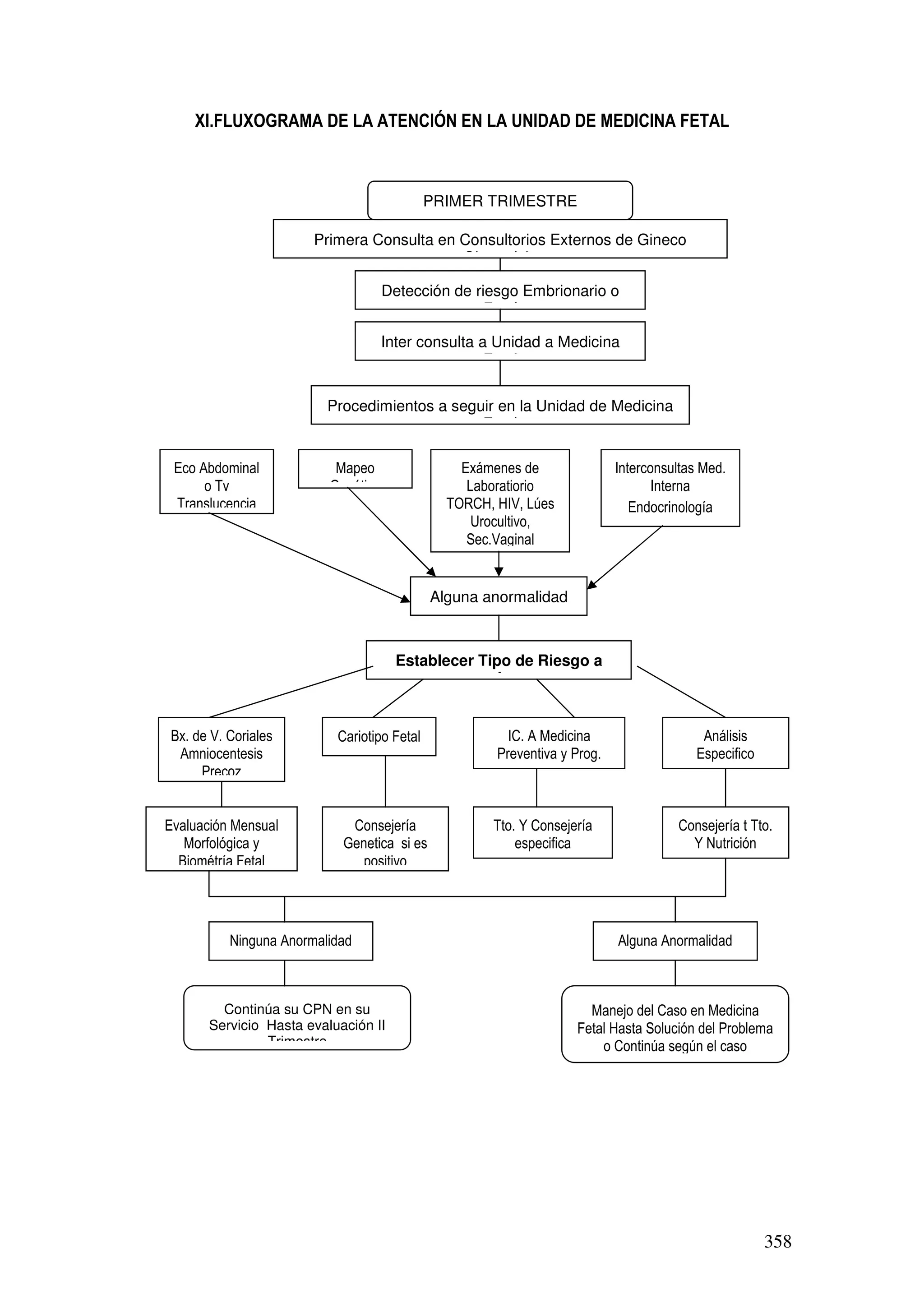358
XI.FLUXOGRAMA DE LA ATENCIÓN EN LA UNIDAD DE MEDICINA FETAL
Primera Consulta en Consultorios Externos de Gineco
Obstetricia
Detección de riesgo Embrionario o
Fetal
Inter consulta a Unidad a Medicina
Fetal
Procedimientos a seguir en la Unidad de Medicina
Fetal
Eco Abdominal
o Tv
Translucencia
PRIMER TRIMESTRE
EMBARAZO
Mapeo
Genético
Exámenes de
Laboratiorio
TORCH, HIV, Lúes
Urocultivo,
Sec.Vaginal
Interconsultas Med.
Interna
Endocrinología
Alguna anormalidad
Establecer Tipo de Riesgo a
evaluar
Bx. de V. Coriales
Amniocentesis
Precoz
Cariotipo Fetal IC. A Medicina
Preventiva y Prog.
TBC
Análisis
Especifico
Manejo Conjunto
Evaluación Mensual
Morfológica y
Biométría Fetal
Consejería
Genetica si es
positivo
Tto. Y Consejería
especifica
Consejería t Tto.
Y Nutrición
Ninguna Anormalidad Alguna Anormalidad
Continúa su CPN en su
Servicio Hasta evaluación II
Trimestre
Manejo del Caso en Medicina
Fetal Hasta Solución del Problema
o Continúa según el caso
 