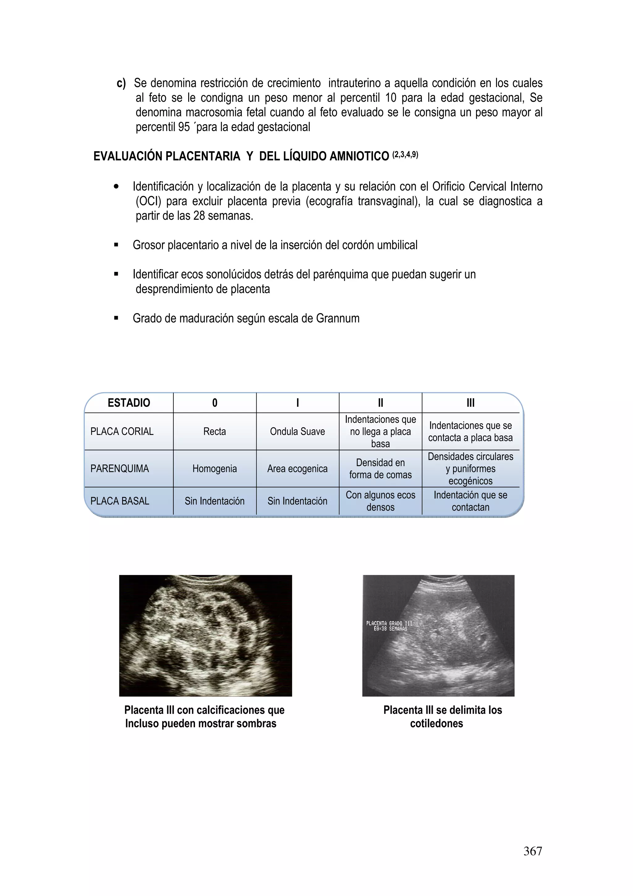 367
c) Se denomina restricción de crecimiento intrauterino a aquella condición en los cuales
al feto se le condigna un peso menor al percentil 10 para la edad gestacional, Se
denomina macrosomia fetal cuando al feto evaluado se le consigna un peso mayor al
percentil 95 ´para la edad gestacional
EVALUACIÓN PLACENTARIA Y DEL LÍQUIDO AMNIOTICO (2,3,4,9)
• Identificación y localización de la placenta y su relación con el Orificio Cervical Interno
(OCI) para excluir placenta previa (ecografía transvaginal), la cual se diagnostica a
partir de las 28 semanas.
Grosor placentario a nivel de la inserción del cordón umbilical
Identificar ecos sonolúcidos detrás del parénquima que puedan sugerir un
desprendimiento de placenta
Grado de maduración según escala de Grannum
ESTADIO 0 I II III
PLACA CORIAL Recta Ondula Suave
Indentaciones que
no llega a placa
basa
Indentaciones que se
contacta a placa basa
PARENQUIMA Homogenia Area ecogenica
Densidad en
forma de comas
Densidades circulares
y puniformes
ecogénicos
PLACA BASAL Sin Indentación Sin Indentación
Con algunos ecos
densos
Indentación que se
contactan
Placenta III con calcificaciones que Placenta III se delimita los
Incluso pueden mostrar sombras cotiledones
 