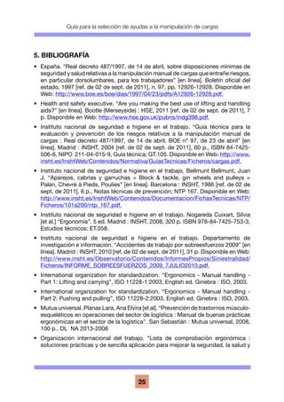 Guía para la selección de ayudas a la manipulación de cargas
25
5. BIBLIOGRAFÍA
•	 España. “Real decreto 487/1997, de 14 de abril, sobre disposiciones mínimas de
seguridad y salud relativas a la manipulación manual de cargas que entrañe riesgos,
en particular dorsolumbares, para los trabajadores” [en línea]. Boletín oficial del
estado, 1997 [ref. de 02 de sept. de 2011], n. 97, pp. 12926-12928. Disponible en
Web: http://www.boe.es/boe/dias/1997/04/23/pdfs/A12926-12928.pdf.
•	 Health and safety executive. “Are you making the best use of lifting and handling
aids?” [en línea]. Bootle (Merseyside) : HSE, 2011 [ref. de 02 de sept. de 2011], 7
p. Disponible en Web: http://www.hse.gov.uk/pubns/indg398.pdf.
•	 Instituto nacional de seguridad e higiene en el trabajo. “Guía técnica para la
evaluación y prevención de los riesgos relativos a la manipulación manual de
cargas : Real decreto 487/1997, de 14 de abril. BOE nº 97, de 23 de abril” [en
línea]. Madrid : INSHT, 2004 [ref. de 02 de sept. de 2011], 60 p., ISBN 84-7425-
506-6, NIPO 211-04-015-9, Guía técnica; GT.105. Disponible en Web: http://www.
insht.es/InshtWeb/Contenidos/Normativa/GuiasTecnicas/Ficheros/cargas.pdf.
•	 Instituto nacional de seguridad e higiene en el trabajo. Bellmunt Bellmunt, Juan
J. “Aparejos, cabrias y garruchas = Block & tackle, gin wheels and pulleys =
Palan, Chevrè à Pieds, Poulies” [en línea]. Barcelona : INSHT, 1986 [ref. de 02 de
sept. de 2011], 6 p., Notas técnicas de prevención; NTP 167. Disponible en Web:
http://www.insht.es/InshtWeb/Contenidos/Documentacion/FichasTecnicas/NTP/
Ficheros/101a200/ntp_167.pdf.
•	 Instituto nacional de seguridad e higiene en el trabajo. Nogareda Cuixart, Silvia
[et al.] “Ergonomía”. 5 ed. Madrid : INSHT, 2008, 320 p. ISBN 978-84-7425-753-3,
Estudios técnicos; ET.058.
•	 Instituto nacional de seguridad e higiene en el trabajo. Departamento de
investigación e información. “Accidentes de trabajo por sobreesfuerzos 2009” [en
línea]. Madrid : INSHT, 2010 [ref. de 02 de sept. de 2011], 31 p. Disponible en Web:
http://www.insht.es/Observatorio/Contenidos/InformesPropios/Siniestralidad/
Ficheros/INFORME_SOBREESFUERZOS_2009_7JULIO2010.pdf.
•	 International organization for standardization. “Ergonomics - Manual handling -
Part 1: Lifting and carrying”, ISO 11228-1:2003, English ed. Ginebra : ISO, 2003.
•	 International organization for standardization. “Ergonomics - Manual handling -
Part 2: Pushing and pulling”, ISO 11228-2:2003, English ed. Ginebra : ISO, 2003.
•	 Mutua universal. Planas Lara, Ana Elvira [et al]. “Prevención de trastornos músculo-
esqueléticos en operaciones del sector de logística : Manual de buenas prácticas
ergonómicas en el sector de la logística”. San Sebastián : Mutua universal, 2008,
100 p., DL NA 2013-2008
•	 Organización internacional del trabajo. “Lista de comprobación ergonómica :
soluciones prácticas y de sencilla aplicación para mejorar la seguridad, la salud y
 