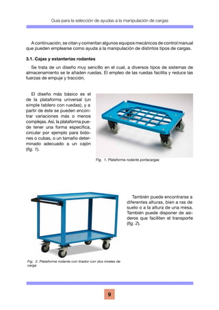 Guía para la selección de ayudas a la manipulación de cargas
9
A continuación, se citan y comentan algunos equipos mecánicos de control manual
que pueden emplearse como ayuda a la manipulación de distintos tipos de cargas.
3.1. Cajas y estanterías rodantes
Se trata de un diseño muy sencillo en el cual, a diversos tipos de sistemas de
almacenamiento se le añaden ruedas. El empleo de las ruedas facilita y reduce las
fuerzas de empuje y tracción.
El diseño más básico es el
de la plataforma universal (un
simple tablero con ruedas), y a
partir de éste se pueden encon-
trar variaciones más o menos
complejas. Así, la plataforma pue-
de tener una forma específica,
circular por ejemplo para bido-
nes o cubas, o un tamaño deter-
minado adecuado a un cajón
(fig. 1).
También puede encontrarse a
diferentes alturas, bien a ras de
suelo o a la altura de una mesa.
También puede disponer de asi-
deros que faciliten el transporte
(fig. 2).
Fig. 1. Plataforma rodante portacargas
Fig. 2. Plataforma rodante con tirador con dos niveles de
carga
 