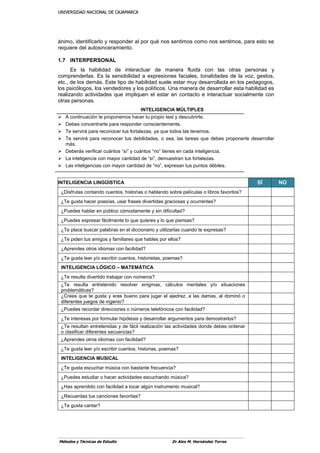 UUNNIIVVEERRSSIIDDAADD NNAACCIIOONNAALL DDEE CCAAJJAAMMAARRCCAA
Métodos y Técnicas de Estudio Dr Alex M. Hernández Torres
ánimo, identificarlo y responder al por qué nos sentimos como nos sentimos, para esto se
requiere del autosinceramiento.
1.7 INTERPERSONAL
Es la habilidad de interactuar de manera fluida con las otras personas y
comprenderlas. Es la sensibilidad a expresiones faciales, tonalidades de la voz, gestos,
etc., de los demás. Este tipo de habilidad suele estar muy desarrollada en los pedagogos,
los psicólogos, los vendedores y los políticos. Una manera de desarrollar esta habilidad es
realizando actividades que impliquen el estar en contacto e interactuar socialmente con
otras personas.
INTELIGENCIA MÚLTIPLES
 A continuación te proponemos hacer tu propio test y descubrirte.
 Debes concentrarte para responder conscientemente.
 Te servirá para reconocer tus fortalezas, ya que todos las tenemos.
 Te servirá para reconocer tus debilidades, o sea, las tareas que debes proponerte desarrollar
más.
 Deberás verificar cuántos “sí” y cuántos “no” tienes en cada inteligencia.
 La inteligencia con mayor cantidad de “sí”, demuestran tus fortalezas.
 Las inteligencias con mayor cantidad de “no”, expresan tus puntos débiles.
INTELIGENCIA LINGÜISTICA SÍ NO
¿Disfrutas contando cuentos, historias o hablando sobre películas o libros favoritos?
¿Te gusta hacer poesías, usar frases divertidas graciosas y ocurrentes?
¿Puedes hablar en público cómodamente y sin dificultad?
¿Puedes expresar fácilmente lo que quieres y lo que piensas?
¿Te place buscar palabras en el diccionario y utilizarlas cuando te expresas?
¿Te piden tus amigos y familiares que hables por ellos?
¿Aprendes otros idiomas con facilidad?
¿Te gusta leer y/o escribir cuentos, historietas, poemas?
INTELIGENCIA LÓGICO – MATEMÁTICA
¿Te resulta divertido trabajar con números?
¿Te resulta entretenido resolver enigmas, cálculos mentales y/o situaciones
problemáticas?
¿Crees que te gusta y eres bueno para jugar el ajedrez, a las damas, al dominó o
diferentes juegos de ingenio?
¿Puedes recordar direcciones o números telefónicos con facilidad?
¿Te interesas por formular hipótesis y desarrollar argumentos para demostrarlos?
¿Te resultan entretenidas y de fácil realización las actividades donde debes ordenar
o clasificar diferentes secuencias?
¿Aprendes otros idiomas con facilidad?
¿Te gusta leer y/o escribir cuentos, historias, poemas?
INTELIGENCIA MUSICAL
¿Te gusta escuchar música con bastante frecuencia?
¿Puedes estudiar o hacer actividades escuchando música?
¿Has aprendido con facilidad a tocar algún instrumento musical?
¿Recuerdas tus canciones favoritas?
¿Te gusta cantar?
 
