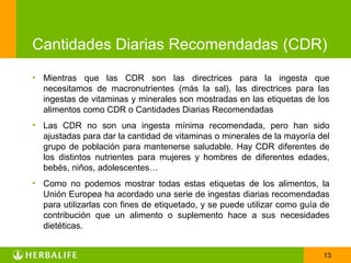 Cantidades Diarias Recomendadas (CDR)
• Mientras que las CDR son las directrices para la ingesta que
  necesitamos de macronutrientes (más la sal), las directrices para las
  ingestas de vitaminas y minerales son mostradas en las etiquetas de los
  alimentos como CDR o Cantidades Diarias Recomendadas
• Las CDR no son una ingesta mínima recomendada, pero han sido
  ajustadas para dar la cantidad de vitaminas o minerales de la mayoría del
  grupo de población para mantenerse saludable. Hay CDR diferentes de
  los distintos nutrientes para mujeres y hombres de diferentes edades,
  bebés, niños, adolescentes…
• Como no podemos mostrar todas estas etiquetas de los alimentos, la
  Unión Europea ha acordado una serie de ingestas diarias recomendadas
  para utilizarlas con fines de etiquetado, y se puede utilizar como guía de
  contribución que un alimento o suplemento hace a sus necesidades
  dietéticas.


                                                                          13
 