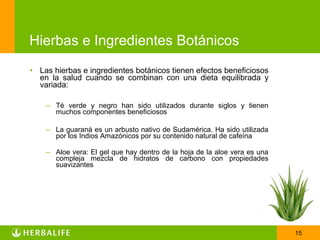 Hierbas e Ingredientes Botánicos
• Las hierbas e ingredientes botánicos tienen efectos beneficiosos
  en la salud cuando se combinan con una dieta equilibrada y
  variada:

    – Té verde y negro han sido utilizados durante siglos y tienen
      muchos componentes beneficiosos

    – La guaraná es un arbusto nativo de Sudamérica. Ha sido utilizada
      por los Indios Amazónicos por su contenido natural de cafeína

    – Aloe vera: El gel que hay dentro de la hoja de la aloe vera es una
      compleja mezcla de hidratos de carbono con propiedades
      suavizantes




                                                                           15
 