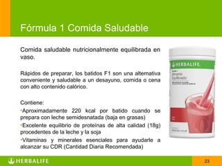 Fórmula 1 Comida Saludable

Comida saludable nutricionalmente equilibrada en
vaso.

Rápidos de preparar, los batidos F1 son una alternativa
conveniente y saludable a un desayuno, comida o cena
con alto contenido calórico.

Contiene:
•Aproximadamente 220 kcal por batido cuando se
prepara con leche semidesnatada (baja en grasas)
•Excelente equilibrio de proteínas de alta calidad (18g)
procedentes de la leche y la soja
•Vitaminas y minerales esenciales para ayudarle a
alcanzar su CDR (Cantidad Diaria Recomendada)

                                                           23
 