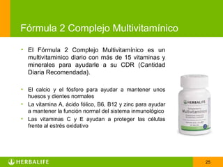 Fórmula 2 Complejo Multivitamínico

• El Fórmula 2 Complejo Multivitamínico es un
  multivitaminico diario con más de 15 vitaminas y
  minerales para ayudarle a su CDR (Cantidad
  Diaria Recomendada).

• El calcio y el fósforo para ayudar a mantener unos
  huesos y dientes normales
• La vitamina A, ácido fólico, B6, B12 y zinc para ayudar
  a mantener la función normal del sistema inmunológico
• Las vitaminas C y E ayudan a proteger las células
  frente al estrés oxidativo




                                                            25
 