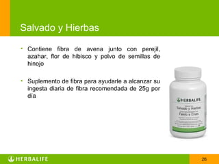 Salvado y Hierbas

• Contiene fibra de avena junto con perejil,
  azahar, flor de hibisco y polvo de semillas de
  hinojo

• Suplemento de fibra para ayudarle a alcanzar su
  ingesta diaria de fibra recomendada de 25g por
  día




                                                    26
 