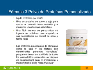 Fórmula 3 Polvo de Proteínas Personalizado
  • 5g de proteínas por ración
  • Rico en proteína de suero y soja para
    ayudar a construir masa muscular y a
    mantener unos huesos saludables
  • Una fácil manera de personalizar su
    ingesta de proteínas para adaptarlo a
    sus necesidades de control de peso y
    forma física


  – Las proteínas procedentes de alimentos
    como la soja y los lácteos son
    denominadas proteínas “completas”
    porque contienen un equilibrio de todos
    los aminoácidos esenciales (o bloques
    de construcción) para el crecimiento y
    mantenimiento de la masa muscular

                                              32
 