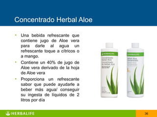 Concentrado Herbal Aloe

•   Una bebida refrescante que
    contiene jugo de Aloe vera
    para darle al agua un
    refrescante toque a cítricos o
    a mango.
•   Contiene un 40% de jugo de
    Aloe vera derivado de la hoja
    de Aloe vera
•   Proporciona un refrescante
    sabor que puede ayudarle a
    beber más agua/ conseguir
    su ingesta de líquidos de 2
    litros por día


                                     36
 