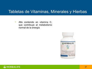 Tabletas de Vitaminas, Minerales y Hierbas

   •   Alto contenido en vitamina C,
       que contribuye al metabolismo
       normal de la energía




                                        37
 