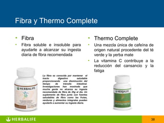 Fibra y Thermo Complete

• Fibra                                                   • Thermo Complete
•   Fibra soluble e insoluble para                        •   Una mezcla única de cafeína de
    ayudarle a alcanzar su ingesta                            origen natural procedente del té
    diaria de fibra recomendada                               verde y la yerba mate
                                                          •   La vitamina C contribuye a la
                                                              reducción del cansancio y la
                                                              fatiga
              La fibra es conocida por mantener el
              tracto        digestivo       saludable
              proporcionando una disminución del
              tiempo      de    tránsito    intestinal.
              Investigaciones han mostrado que
              mucha gente no alcanza su ingesta
              recomendada de fibra de 25g al día. Un
              suplemento de fibra junto con fuentes
              saludables de fibra como las frutas,
              verduras y alimentos integrales pueden
              ayudarle a aumentar su ingesta diaria.




                                                                                            38
 