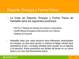Deporte, Energía y Forma Física

• La línea de Deporte, Energía y Forma Física de
  Herbalife tiene los siguientes productos:

    – H3O Pro™ Bebida de hidratos de carbono y electrolitos.
    – Liftoff® Bebida Energética Efervescente con Cafeína
    – Tabletas de Guaraná


• Herbalife sabe que cada persona tiene diferentes necesidades
  de energía, ya sea para ayudar a mejorar la fatiga mental para
  sobrellevar el día, o energía añadida para ayudar en el deporte
  o el ejercicio. Estos productos son fáciles de tomar en su rutina
  diaria y en una vida físicamente activa.

                                                                  41
 