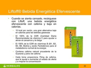 Liftoff® Bebida Energética Efervescente
•   Cuando se sienta cansado, recárguese
    con Liftoff, una bebida energética
    efervescente con cafeína y baja en
    calorías.
    – 10 kcal por ración, una gran alternativa baja
      en calorías para las bebidas gaseosas
    – El 100% de la CDR (Cantidad Diaria
      Recomendada) de vitamina C para ayudar a
      aliviar el cansancio y la fatiga
    – El 100% de la CDR de vitaminas B (B1, B2,
      B3, B6, Biotina y ácido Pantoténico) para el
      metabolismo normal de la energía
    – Contiene cafeína natural procedente de la
      Guaraná y polvo de cafeína
    – Cada toma proporciona 75mg de cafeína,
      que le ayuda a aumentar el estado de alerta
      y a mejorar la concentración

                                                      43
 