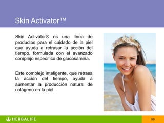 Skin Activator™

Skin Activator® es una línea de
productos para el cuidado de la piel
que ayuda a retrasar la acción del
tiempo, formulada con el avanzado
complejo específico de glucosamina.


Este complejo inteligente, que retrasa
la acción del tiempo, ayuda a
aumentar la producción natural de
colágeno en la piel.




                                         56
 