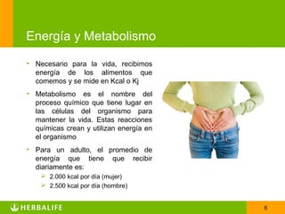 Energía y Metabolismo

• Necesario para la vida, recibimos
  energía de los alimentos que
  comemos y se mide en Kcal o Kj
• Metabolismo es el nombre del
  proceso químico que tiene lugar en
  las células del organismo para
  mantener la vida. Estas reacciones
  químicas crean y utilizan energía en
  el organismo
• Para un adulto, el promedio de
  energía que tiene que recibir
  diariamente es:
     2.000 kcal por día (mujer)
     2.500 kcal por día (hombre)


                                         6
 