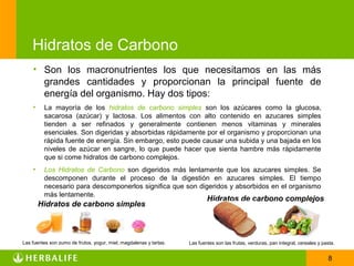Hidratos de Carbono
    • Son los macronutrientes los que necesitamos en las más
      grandes cantidades y proporcionan la principal fuente de
      energía del organismo. Hay dos tipos:
    •    La mayoría de los hidratos de carbono simples son los azúcares como la glucosa,
         sacarosa (azúcar) y lactosa. Los alimentos con alto contenido en azucares simples
         tienden a ser refinados y generalmente contienen menos vitaminas y minerales
         esenciales. Son digeridas y absorbidas rápidamente por el organismo y proporcionan una
         rápida fuente de energía. Sin embargo, esto puede causar una subida y una bajada en los
         niveles de azúcar en sangre, lo que puede hacer que sienta hambre más rápidamente
         que si come hidratos de carbono complejos.
    •    Los Hidratos de Carbono son digeridos más lentamente que los azucares simples. Se
         descomponen durante el proceso de la digestión en azucares simples. El tiempo
         necesario para descomponerlos significa que son digeridos y absorbidos en el organismo
         más lentamente.
                                                                            Hidratos de carbono complejos
        Hidratos de carbono simples



Las fuentes son zumo de frutos, yogur, miel, magdalenas y tartas.   Las fuentes son las frutas, verduras, pan integral, cereales y pasta.


                                                                                                                                      8
 