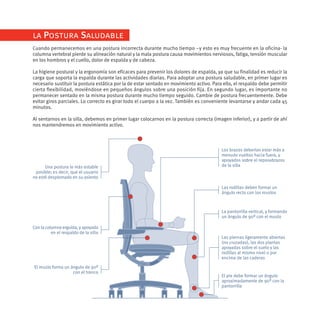 la Postura Saludable
Cuando permanecemos en una postura incorrecta durante mucho tiempo –y esto es muy frecuente en la oficina- la
columna vertebral pierde su alineación natural y la mala postura causa movimientos nerviosos, fatiga, tensión muscular
en los hombros y el cuello, dolor de espalda y de cabeza.

La higiene postural y la ergonomía son eficaces para prevenir los dolores de espalda, ya que su finalidad es reducir la
carga que soporta la espalda durante las actividades diarias. Para adoptar una postura saludable, en primer lugar es
necesario sustituir la postura estática por la de estar sentado en movimiento activo. Para ello, el respaldo debe permitir
cierta flexibilidad, moviéndose en pequeños ángulos sobre una posición fija. En segundo lugar, es importante no
permanecer sentado en la misma postura durante mucho tiempo seguido. Cambie de postura frecuentemente. Debe
evitar giros parciales. Lo correcto es girar todo el cuerpo a la vez. También es conveniente levantarse y andar cada 45
minutos.

Al sentarnos en la silla, debemos en primer lugar colocarnos en la postura correcta (imagen inferior), y a partir de ahí
nos mantendremos en movimiento activo.



                                                                                          Los brazos deberían estar más a
                                                                                          menudo vueltos hacia fuera, y
                                                                                          apoyados sobre el reposabrazos
      Una postura lo más estable                                                          de la silla
 posible; es decir, que el usuario
no esté desplomado en su asiento

                                                                                          Las rodillas deben formar un
                                                                                          ángulo recto con los muslos



                                                                                          La pantorrilla vertical, y formando
                                                                                          un ángulo de 90º con el muslo

Con la columna erguida, y apoyada
          en el respaldo de la silla
                                                                                          Las piernas ligeramente abiertas
                                                                                          (no cruzadas), las dos plantas
                                                                                          apoyadas sobre el suelo y las
                                                                                          rodillas al mismo nivel o por
                                                                                          encima de las caderas

El muslo forma un ángulo de 90º
                   con el tronco
                                                                                          El pie debe formar un ángulo
                                                                                          aproximadamente de 90º con la
                                                                                          pantorrilla
 