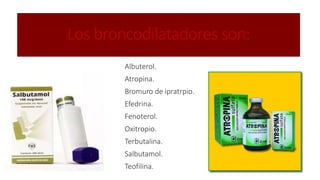 Los broncodilatadores son:
Albuterol.
Atropina.
Bromuro de ipratrpio.
Efedrina.
Fenoterol.
Oxitropio.
Terbutalina.
Salbutamol.
Teofilina.
 