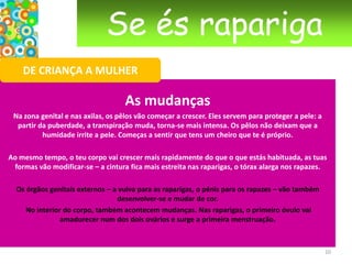 Se és raparigaDE CRIANÇA A MULHERAs mudanças Desde o nascimento, quer se nasça rapaz ou rapariga, que somos “completos”: os órgãos genitais estão “adormecidos” mas prontos a começar a trabalhar a partir do momento em que recebam ordens. Chama-se PUBERDADE a esta transformação.O teu cérebro tem informações de que não tens conhecimento mas que determinarão o momento do “acordar” dos órgãos sexuais (em princípio entre os 10 e os 16 anos). Este “acordar” far-se-á pelo envio de “pequenos mensageiros”, chamados hormonas, directamente às glândulas sexuais (ovários para as raparigas, testículos para os rapazes). Estas hormonas são produzidas por uma glândula que fica na base do cérebro, a hipófise. Vê o esquema da das raparigas. Não podes escolher o momento em que o teu corpo começa a mudar. Ele transforma-se sozinho, sem a tua opinião. Às vezes é um pouco mais cedo, outras é um pouco mais tarde. 7