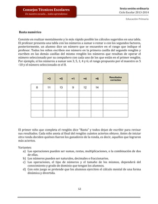  
	
  
	
  
	
  
	
  
12	
  
Sexta	
  sesión	
  ordinaria	
  
Ciclo	
  Escolar	
  2013-­‐2014	
  
Consejos	
  Técnicos	
  Escolares	
  
En	
  nuestra	
  escuela…	
  todos	
  aprendemos	
  
Educación	
  Primaria	
  
	
  	
  
	
  
	
  Basta	
  numérico	
  
	
  
Consiste	
  en	
  realizar	
  mentalmente	
  y	
  lo	
  más	
  rápido	
  posible	
  los	
  cálculos	
  sugeridos	
  en	
  una	
  tabla.	
  
El	
  profesor	
  presenta	
  una	
  tabla	
  con	
  los	
  números	
  a	
  sumar	
  o	
  restar	
  o	
  con	
  los	
  segundos	
  factores,	
  
posteriormente,	
   un	
   alumno	
   dice	
   un	
   número	
   que	
   se	
   encuentre	
   en	
   el	
   rango	
   que	
   indique	
   el	
  
profesor.	
  Todos	
  los	
  niños	
  escriben	
  ese	
  número	
  en	
  la	
  primera	
  casilla	
  del	
  segundo	
  renglón	
  y	
  
escriben	
   en	
   las	
   demás	
   casillas	
   del	
   mismo	
   renglón	
   los	
   números	
   que	
   resultan	
   de	
   operar	
   el	
  
número	
  seleccionado	
  por	
  su	
  compañero	
  con	
  cada	
  uno	
  de	
  los	
  que	
  están	
  en	
  el	
  primer	
  renglón.	
  
Por	
  ejemplo,	
  si	
  los	
  números	
  a	
  sumar	
  son	
  3,	
  5,	
  1,	
  4	
  y	
  6;	
  el	
  rango	
  propuesto	
  por	
  el	
  maestro	
  es	
  5	
  
-­‐10	
  y	
  el	
  número	
  seleccionado	
  es	
  el	
  8.	
  
	
  
+3 +5 +1 +4 +6
Resultados
correctos
8 11 13 9 12 14
	
  
	
  
El	
  primer	
  niño	
  que	
  completa	
  el	
  renglón	
  dice	
  “Basta”	
  y	
  todos	
  dejan	
  de	
  escribir	
  para	
  revisar	
  
sus	
  resultados.	
  Cada	
  niño	
  anota	
  al	
  final	
  del	
  renglón	
  cuántos	
  aciertos	
  obtuvo.	
  Antes	
  de	
  iniciar	
  
otra	
  ronda	
  deciden	
  quiénes	
  fueron	
  los	
  ganadores	
  de	
  la	
  ronda,	
  es	
  decir,	
  aquellos	
  que	
  lograron	
  
más	
  aciertos.	
  
Variantes:	
  
a) Las	
  operaciones	
  pueden	
  ser	
  sumas,	
  restas,	
  multiplicaciones,	
  o	
  la	
  combinación	
  de	
  dos	
  
de	
  ellas.	
  
b) Los	
  números	
  pueden	
  ser	
  naturales,	
  decimales	
  o	
  fraccionarios.	
  
c) Las	
   operaciones,	
   el	
   tipo	
   de	
   números	
   y	
   el	
   tamaño	
   de	
   los	
   mismos,	
   dependerá	
   del	
  
conocimiento	
  y	
  grado	
  de	
  dominio	
  que	
  tengan	
  los	
  alumnos.	
  
d) Con	
  este	
  juego	
  se	
  pretende	
  que	
  los	
  alumnos	
  ejerciten	
  el	
  cálculo	
  mental	
  de	
  una	
  forma	
  
dinámica	
  y	
  divertida.	
  
	
  
	
  
	
  
 