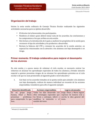  
	
  
	
  
	
  
	
  
7	
  
Sexta	
  sesión	
  ordinaria	
  
Ciclo	
  Escolar	
  2013-­‐2014	
  
Consejos	
  Técnicos	
  Escolares	
  
En	
  nuestra	
  escuela…	
  todos	
  aprendemos	
  
Educación	
  Primaria	
  
	
  
Organización del trabajo
Inicien	
   la	
   sexta	
   sesión	
   ordinaria	
   de	
   Consejo	
   Técnico	
   Escolar	
   realizando	
   las	
   siguientes	
  
actividades	
  necesarias	
  para	
  su	
  óptimo	
  desarrollo:	
  
• El	
  director	
  da	
  la	
  bienvenida	
  a	
  los	
  participantes.	
  
• Nombren	
  al	
  relator	
  quien	
  deberá	
  tomar	
  nota	
  de	
  los	
  acuerdos,	
  las	
  conclusiones	
  y	
  
los	
  compromisos	
  a	
  los	
  que	
  arriben	
  en	
  esta	
  sesión.	
  
• Den	
  lectura	
  a	
  la	
  introducción	
  de	
  la	
  guía	
  y	
  analicen	
  los	
  propósitos	
  de	
  la	
  sesión	
  para	
  
reconocer	
  el	
  tipo	
  de	
  actividades	
  y	
  los	
  productos	
  a	
  desarrollar.	
  
• Revisen	
   la	
   bitácora	
   del	
   CTE	
   y	
   retomen	
   los	
   acuerdos	
   de	
   la	
   sesión	
   anterior,	
   en	
  
especial	
  los	
  relacionados	
  con	
  la	
  atención	
  a	
  los	
  alumnos	
  con	
  bajo	
  desempeño	
  o	
  en	
  
riesgo.	
  
Primer momento. El trabajo colaborativo para mejorar el desempeño
de los alumnos
En	
   esta	
   sesión,	
   y	
   a	
   pocos	
   meses	
   de	
   culminar	
   el	
   ciclo	
   escolar,	
   es	
   necesario	
   centrar	
   los	
  
esfuerzos	
  en	
  alcanzar	
  los	
  aprendizajes	
  esperados	
  de	
  todos	
  los	
  alumnos	
  y	
  brindar	
  atención	
  
especial	
  a	
  quienes	
  presentan	
  riesgos	
  de	
  no	
  alcanzar	
  los	
  aprendizajes	
  previstos	
  en	
  el	
  ciclo	
  
escolar	
  o	
  de	
  que	
  no	
  sean	
  promovidos	
  al	
  siguiente	
  grado	
  o	
  nivel	
  educativo.1	
  
1. Con	
  base	
  en	
  los	
  acuerdos	
  tomados	
  en	
  la	
  quinta	
  sesión	
  para	
  atender	
  a	
  los	
  alumnos	
  
con	
  bajo	
  desempeño,	
  realicen	
  de	
  manera	
  individual	
  un	
  recuento	
  de	
  las	
  acciones	
  
emprendidas.	
  Consideren	
  para	
  ello	
  el	
  siguiente	
  ejemplo:	
  	
  
	
  
Situación	
  identificada	
   Acciones	
  emprendidas	
   Logros	
  alcanzados	
  
En	
   mi	
   grupo	
   Jorge,	
  
Susana,	
   Omar	
   y	
   María	
  
presentan	
   problemas	
  
para	
   comprender	
   lo	
   que	
  
leen.	
  	
  
	
  
Todos	
   los	
   días	
   desarrollo	
   con	
  
ellos	
   estrategias	
   especiales	
   que	
  
los	
   llevan	
   a	
   anticipar,	
   inferir	
   o	
  
modificar	
   la	
   intención	
   o	
   el	
  
sentido	
  del	
  texto.	
  
Jorge,	
   Omar	
   y	
   María	
   logran	
  
expresar	
   de	
   manera	
   oral	
   y	
  
escrita	
   la	
   idea	
   general	
   del	
  
texto.	
  	
  
	
  
	
  	
  	
  	
  	
  	
  	
  	
  	
  	
  	
  	
  	
  	
  	
  	
  	
  	
  	
  	
  	
  	
  	
  	
  	
  	
  	
  	
  	
  	
  	
  	
  	
  	
  	
  	
  	
  	
  	
  	
  	
  	
  	
  	
  	
  	
  	
  	
  	
  	
  	
  	
  	
  	
  	
  	
  	
  	
  	
  	
  	
  
1
	
  Artículo	
  12.	
  Acuerdo	
  696	
  
 