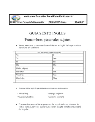 GUIA SEXTO INGLES
Pronombres personales sujetos
 Vamos a empezar por conocer los equivalentes en inglés de los pronombres
personales en castellano:
PRONOMBRES PERSONALES
Yo I
Tu You
El He
Ella She
El/ella (objeto) It
Nosotros We
Vosotros You
Ellos/ellas They
 Su colocación en la frase suele ser al comienzo de la misma:
I have a dog. Yo tengo un perro
You are my brother. Tu eres mi hermano
 El pronombre personal tiene que concordar con el verbo, no obstante, los
verbos ingleses, salvo los auxiliares, no varían, excepto en la tercera persona
del singular:
Institución Educativa Rural Estación Cocorná
DOCENTE:luis Fernando Rubio Jaramillo ASIGNATURA: Ingles GRADO: 6°
 