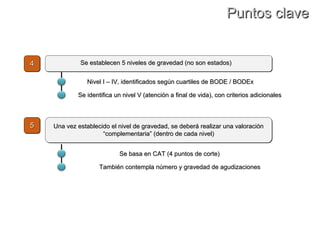 Puntos clave


4            Se establecen 5 niveles de gravedad (no son estados)


                Nivel I – IV, identificados según cuartiles de BODE / BODEx

            Se identifica un nivel V (atención a final de vida), con criterios adicionales



5   Una vez establecido el nivel de gravedad, se deberá realizar una valoración
                     “complementaria” (dentro de cada nivel)


                           Se basa en CAT (4 puntos de corte)

                    También contempla número y gravedad de agudizaciones
 