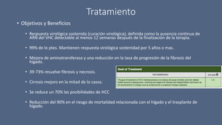 Tratamiento
• Objetivos y Beneficios
• Respuesta virológica sostenida (curación virológica), definida como la ausencia continua de
ARN del VHC detectable al menos 12 semanas después de la finalización de la terapia.
• 99% de lo ptes. Mantienen respuesta virológica sostenidad por 5 años o mas.
• Mejora de aminotransferasa y una reducción en la tasa de progresión de la fibrosis del
hígado.
• 39-73% resuelve fibrosis y necrosis.
• Cirrosis mejoro en la mitad de lo casos.
• Se reduce un 70% las posibilidades de HCC
• Reducción del 90% en el riesgo de mortalidad relacionada con el hígado y el trasplante de
hígado.
 