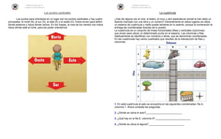 Katherine Espinosa M.
Profesora Tercero Básico B
Katherine Espinosa M.
Profesora Tercero Básico B
Los puntos cardinales
Los puntos para orientarse en un lugar son los puntos cardinales y hay cuatro
principales: el norte (N), el sur (S), el este (E) y el oeste (O). Estos sirven para definir
dónde estamos y hacia dónde vamos. En los mapas, la rosa de los vientos nos indica
hacia dónde está el norte, para así poder orientarnos.
La cuadrícula
¿Has ido alguna vez al cine, al teatro, al circo u otro espectáculo donde te han dado un
asiento marcado con una letra y un número? Generalmente en estos lugares se utiliza
un sistema de cuadrícula y nadie puede sentarse en tu asiento, porque la numeración te
entrega las coordenadas exactas de tu puesto.
La cuadrícula es un conjunto de líneas horizontales (filas) y verticales (columnas)
que sirven para ubicar un determinado punto en el espacio. Las columnas y filas
habitualmente se identifican con números o letras, que se denominan coordenadas.
En las cuadrículas hay varios cuadrados que resultan de la intersección de filas y
columnas.
1. En está cuadrícula el pato se encuentra en las siguientes coordenadas: fila A,
columna 1. Ahora contesta las preguntas.
2. ¿Dónde se ubica el auto?__________________________
3. ¿Qué hay en la fila E, columna 5? _________________________
4. ¿Dónde se ubica la laguna? _________________________
 