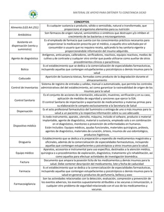 MATERIAL DE APOYO PARA OBTENER TU CONSTANCIA SICAD
CONCEPTOS
Alimento (LGS Art.251)
Es cualquier sustancia o producto, sólido o semisólido, natural o transformado, que
proporcione al organismo elementos para su nutrición
Antibiótico
Son fármacos de origen natural, semisintético o sintéticos que destruyen y/o inhiben el
crecimiento de las bacterias o microorganismos
Asistente en
dispensación (venta y
suministro)
Es el empleado de farmacia que cuenta con los conocimientos prácticos necesarios para
proporcionar la medicación prescrita por el médico, o aquello otra solicitada por el
consumidor o usuario que no requiera receta, aplicando la ley sanitaria vigente y
proporcionándole información del insumo adquirido.
Agente de diagnóstico
Antígenos, anticuerpos, calibradores, verificadores, reactivos, equipos reactivos, medios de
cultivo y de contraste y cualquier otro similar que pueda utilizarse como auxiliar de otros
procedimientos clínicos o paraclínicos.
Botica
Es el establecimiento que se dedica a la comercialización de especialidades farmacéuticas,
incluyendo aquellas que contengan estupefacientes y psicotrópicos o demás insumos para la
salud
Caducado
Aparición de Sustancia tóxicas, formadas como producto de la degradación durante el
almacenamiento
Control de Inventarios
Sistema de registro de entradas y salidas, manual o automatizado, que permita los controles
administrativos del del establecimiento, así como garantizar la rastreabilidad de origen de los
insumos para la salud
Control Sanitario
Es el conjunto de acciones de orientación, educación, muestreo, verificación y en su caso,
aplicación de medidas de seguridad y sanciones que ejerce la SSA.
El control Sanitario de importación y exportación de medicamentos y materias primas para
su elaboración le compete exclusivamente a la Secretaria de Salud
Dispensación
Es el acto profesional farmacéutico del Suministro o entrega de uno o más insumos para la
salud a un paciente y la respectiva información sobre su uso adecuado
Dispositivo médico
Es todo instrumento, aparato, utensilio, máquina, incluido el sofware, producto o material
implantable, agente de diagnóstico, material o sustancia, empleado solo o en combinación
en el diagnóstico, monitoreo o prevención de enfermedades en humanos.
Están Incluidos: Equipos médicos, ayudas funcionales, materiales quirúrgicos, prótesis,
agentes de diagnóstico, materiales de curación, órtesis, insumos de uso odontológico,
productos higiénicos.
Droguería
Establecimiento que se dedica a la preparación y expendio de medicamentos magistrales y
oficinales, además de la comercialización de especialidades farmacéuticas, incluyendo
aquellas que contengan estupefacientes y psicotrópicos y otros insumos para la salud.
Equipo médico
Aparatos, accesorios e instrumental para uso específico, destinados a la atención médica,
quirúrgica o a procedimientos de exploración, diagnóstico, tratamiento y/o rehabilitación, así
como aquellos para efectuar actividades de investigación biomédica.
Factura
Documento que ampara la posesión lícita de los medicamentos y demás insumos para la
salud. Debe contener descripción del medicamento, lote y fecha de caducidad
Farmacia
Es el establecimiento que se dedica a la comercialización de especialidades farmacéuticas,
incluyendo aquellas que contengan estupefacientes y psicotrópicos o demás insumos para la
salud en general y productos de perfumería, belleza y aseo
Farmacovigilancia
Son las actividades relacionadas con la detección, evaluación, compresión y prevención de
los eventos adversos, los eventos supuestamente atribuibles a las vacunas o inmunización, o
cualquier otro problema de seguridad relacionado con el uso de los medicamentos y
vacunas.
 