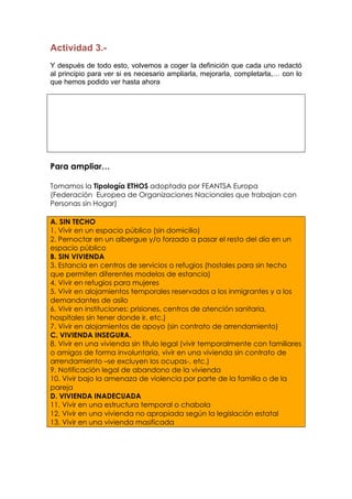 Actividad 3.-
Y después de todo esto, volvemos a coger la definición que cada uno redactó
al principio para ver si es necesario ampliarla, mejorarla, completarla,… con lo
que hemos podido ver hasta ahora
Para ampliar…
Tomamos la Tipología ETHOS adoptada por FEANTSA Europa
(Federación Europea de Organizaciones Nacionales que trabajan con
Personas sin Hogar)
A. SIN TECHO
1. Vivir en un espacio público (sin domicilio)
2. Pernoctar en un albergue y/o forzado a pasar el resto del día en un
espacio público
B. SIN VIVIENDA
3. Estancia en centros de servicios o refugios (hostales para sin techo
que permiten diferentes modelos de estancia)
4. Vivir en refugios para mujeres
5. Vivir en alojamientos temporales reservados a los inmigrantes y a los
demandantes de asilo
6. Vivir en instituciones: prisiones, centros de atención sanitaria,
hospitales sin tener donde ir, etc.)
7. Vivir en alojamientos de apoyo (sin contrato de arrendamiento)
C. VIVIENDA INSEGURA.
8. Vivir en una vivienda sin título legal (vivir temporalmente con familiares
o amigos de forma involuntaria, vivir en una vivienda sin contrato de
arrendamiento –se excluyen los ocupas-, etc.)
9. Notificación legal de abandono de la vivienda
10. Vivir bajo la amenaza de violencia por parte de la familia o de la
pareja
D. VIVIENDA INADECUADA
11. Vivir en una estructura temporal o chabola
12. Vivir en una vivienda no apropiada según la legislación estatal
13. Vivir en una vivienda masificada
 