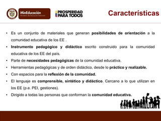 Características
• Es un conjunto de materiales que generan posibilidades de orientación a la
comunidad educativa de los EE .
• Instrumento pedagógico y didáctico escrito construido para la comunidad
educativa de los EE del país.
• Parte de necesidades pedagógicas de la comunidad educativa.
• Herramientas pedagógicas y de orden didáctico, desde lo práctico y realizable.
• Con espacios para la reflexión de la comunidad.
• El lenguaje es comprensible, sintético y didáctico. Cercano a lo que utilizan en
los EE (p.e. PEI, gestiones).
• Dirigido a todas las personas que conforman la comunidad educativa.
 