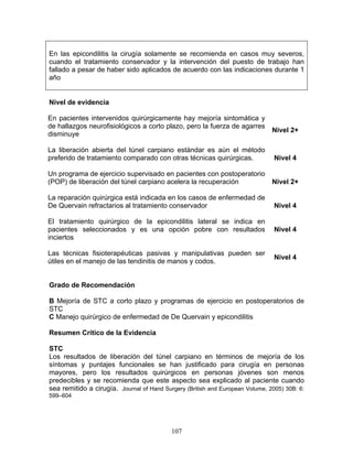 En las epicondilitis la cirugía solamente se recomienda en casos muy severos,
cuando el tratamiento conservador y la intervención del puesto de trabajo han
fallado a pesar de haber sido aplicados de acuerdo con las indicaciones durante 1
año


Nivel de evidencia

En pacientes intervenidos quirúrgicamente hay mejoría sintomática y
de hallazgos neurofisiológicos a corto plazo, pero la fuerza de agarres
                                                                               Nivel 2+
disminuye

La liberación abierta del túnel carpiano estándar es aùn el método
preferido de tratamiento comparado con otras técnicas quirúrgicas.              Nivel 4

Un programa de ejercicio supervisado en pacientes con postoperatorio
(POP) de liberación del túnel carpiano acelera la recuperación                 Nivel 2+

La reparación quirúrgica está indicada en los casos de enfermedad de
De Quervain refractarios al tratamiento conservador                             Nivel 4

El tratamiento quirúrgico de la epicondilitis lateral se indica en
pacientes seleccionados y es una opción pobre con resultados                    Nivel 4
inciertos

Las técnicas fisioterapéuticas pasivas y manipulativas pueden ser
                                                                                Nivel 4
útiles en el manejo de las tendinitis de manos y codos.


Grado de Recomendación

B Mejoría de STC a corto plazo y programas de ejercicio en postoperatorios de
STC
C Manejo quirúrgico de enfermedad de De Quervain y epicondilitis

Resumen Crítico de la Evidencia

STC
Los resultados de liberación del túnel carpiano en términos de mejoría de los
síntomas y puntajes funcionales se han justificado para cirugía en personas
mayores, pero los resultados quirúrgicos en personas jóvenes son menos
predecibles y se recomienda que este aspecto sea explicado al paciente cuando
sea remitido a cirugía. Journal of Hand Surgery (British and European Volume, 2005) 30B: 6:
599–604




                                           107
 
