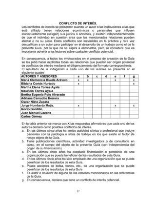 CONFLICTO DE INTERÉS.
Los conflictos de interés se presentan cuando un autor o las instituciones a las que
esté afiliado tienen relaciones económicas o personales que influyen
inadecuadamente (sesgan) sus juicios o acciones, y existen independientemente
de que el individuo en cuestión crea que las mencionadas relaciones pueden
afectar o no su juicio. Estos conflictos son inevitables en la práctica y rara vez
descalifican a un autor para participar en el desarrollo de un trabajo como el de la
presente Guía, por lo que no se aspira a eliminarlos, pero se considera que es
importante advertir a los lectores sobre cualquier conflicto potencial.

En consecuencia, a todos los involucrados en el proceso de creación de la Guía
se les pidió hacer explícitas todas las relaciones que puedan ser origen potencial
de conflictos de interés mediante el diligenciamiento del formato correspondiente.
El resultado de la indagación a cada uno de los autores se presenta en el
siguiente cuadro
AUTORES Y ASESORES                         a     b      c      d      e     f      g
María Clemencia Rueda Arévalo              x     x                    x            x
Bibiana Cortés Hurtado                     x                                       x
Martha Elena Torres Ayala
Mauricio Torres Ayala
Bertha Eugenia Polo Alvarado
Adriana Camacho Herrera
Oscar Nieto Zapata
Jorge Humberto Mejía.                      x                          x            x
Rocío Gordillo
Juan Manuel Lozano
Carlos Gómez

En la tabla anterior se marca con X las respuestas afirmativas que cada uno de los
autores declaró como posibles conflictos de interés.
a. En los últimos cinco años ha tenido actividad clínica o profesional que incluye
    pacientes con la patología o sitios de trabajo en los que existe el factor de
    riesgo objeto de la Guía.
b. Tiene publicaciones científicas, actividad investigadora o de consultoría en
    curso, en el campo del objeto de la presente Guía (con independencia del
    origen de su financiación).
c. En los últimos cinco años ha aceptado financiación o patrocinio de una
    organización que se pueda beneficiar de los resultados de esta Guía.
d. En los últimos cinco años ha sido empleado de una organización que se pueda
    beneficiar de los resultados de esta Guía.
e. Posee acciones de bolsa, bonos, etc., de una organización que se puede
    beneficiar de los resultados de esta Guía
f. Es autor o co-autor de alguno de los estudios mencionados en las referencias
    de la Guía.
g. En consecuencia, declara que tiene un conflicto de interés potencial.


                                        17
 