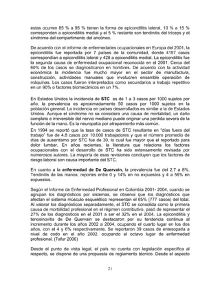 estas ocurren 85 % a 95 % tienen la forma de epicondilitis lateral, 10 % a 15 %
corresponden a epicondilitis medial y el 5 % restante son tendinitis del tríceps y el
síndrome del compartimento del ancóneo.

De acuerdo con el informe de enfermedades ocupacionales en Europa del 2001, la
epicondilitis fue reportada por 7 países de la comunidad, donde 4157 casos
correspondían a epicondilitis lateral y 428 a epicondilitis medial. La epicondilitis fue
la segunda causa de enfermedad ocupacional reconocida en el 2001. Cerca del
60% de los casos se diagnosticaron en hombres. De acuerdo con la actividad
económica la incidencia fue mucho mayor en el sector de manufactura,
construcción, actividades manuales que involucren ensamble operación de
máquinas. Los casos fueron interpretados como secundarios a trabajo repetitivo
en un 90% o factores biomecánicos en un 7%.

En Estados Unidos la incidencia de STC es de 1 a 3 casos por 1000 sujetos por
año, la prevalencia es aproximadamente 50 casos por 1000 sujetos en la
población general. La incidencia en países desarrollados es similar a la de Estados
Unidos. Aunque el síndrome no se considera una causa de mortalidad, un daño
completo e irreversible del nervio mediano puede originar una perdida severa de la
función de la mano. Es la neuropatía por atrapamiento más común.
En 1994 se reportó que la tasa de casos de STC resultante en “días fuera del
trabajo” fue de 4.8 casos por 10.000 trabajadores y que el número promedio de
días de ausentismo por STC fue de 30, lo cual fue mayor que el reportado para
dolor lumbar. En años recientes, la literatura que relaciona los factores
ocupacionales con el desarrollo de STC ha sido extensamente revisada por
numerosos autores. La mayoría de esas revisiones concluyen que los factores de
riesgo laboral son causa importante del STC.

En cuanto a la enfermedad de De Quervain, la prevalencia fue del 2,7 a 8%.
Tendinitis de las manos; reportes entre 0 y 14% en no expuestos y 4 a 56% en
expuestos.

Según el Informe de Enfermedad Profesional en Colombia 2001- 2004, cuando se
agrupan los diagnósticos por sistemas, se observa que los diagnósticos que
afectan el sistema músculo esquelético representan el 65% (777 casos) del total.
Al valorar los diagnósticos separadamente, el STC se consolida como la primera
causa de morbilidad profesional en el régimen contributivo, pasó de representar el
27% de los diagnósticos en el 2001 a ser el 32% en el 2004. La epicondilitis y
tenosinovitis de De Quervain se destacaron por su tendencia continua al
incremento durante los años 2002 a 2004, ocupando el cuarto lugar en los dos
años, con el 4 y 6% respectivamente. Se reportaron 39 casos de entesopatía a
nivel de codo en el año 2002, ocupando el octavo lugar de enfermedad
profesional. (Tafur 2006)

Desde el punto de vista legal, el país no cuenta con legislación específica al
respecto, se dispone de una propuesta de reglamento técnico. Desde el aspecto


                                          21
 