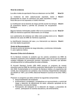 Nivel de evidencia

Los altos niveles de ejercitación física se relacionan con los DME      Nivel 2+

La incidencia de dolor osteomuscular reportado, lesión ó                Nivel 3
discapacidad es mayor en individuos que están expuestos a carga
física alta que en los expuestos a niveles inferiores

La modificación de los factores de riesgo permite acortar los tiempos   Nivel 4
de ausentismo laboral y permite los procesos de recuperación
fisiológica

Algunos factores individuales pueden influir en la ocurrencia o no de Nivel 2+
DME de miembros superiores relacionados con el trabajo

Los cuestionarios de síntomas son útiles como pruebas tamiz en la       Nivel 4
detección de casos de DME de miembros superiores

La identificación temprana del caso y su intervención se relaciona      Nivel 4
con más rápida recuperación

Grado de Recomendación
B: para el control de factores de riesgo laborales y condiciones individuales
C. para vigilancia médica

Resumen Crítico de la Evidencia

En la literatura revisada es evidente que los autores consideran los DME de
miembros superiores como entidades multicausales, razón por la cual se proponen
modelos integrales de prevención primaria, secundaria y terciaria, que aborden
simultáneamente la multicausalidad de estas entidades.

El Accredit Standard Comité z365 ANSI propuso un programa de manejo
preventivo para los DME de miembros superiores relacionados con el trabajo en el
año 2002, fundamentados en la revisión de literatura médica y la experiencia del
comité. Sus conclusiones son similares a las revisiones independientes realizadas
por NIOSH en 1997 y por el NRC (Nacional Research Council) en los años 1999 y
2001.

Proponen un programa que debe contener los siguientes componentes:
   • Responsabilidades del empleador
   • Entrenamiento a empleados y empleadores en reconocimiento y control del
      riesgo y detección de alteraciones de salud, utilización apropiada de los
      elementos y recursos de trabajo.
   • Participación del trabajador en la detección de riesgos y propuestas de
      control, participación en eventos educativos y de entrenamiento.


                                         54
 
