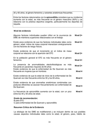 30 y 60 años, el género femenino y variantes anatómicas frecuentes.

Entre los factores relacionados con la epicondilitis considere que su incidencia
aumenta con la edad, es más frecuente en el género masculino (60%) y se
relaciona con la práctica deportiva exigente, particularmente los deportes de
raqueta.


Nivel de evidencia

Algunos factores individuales pueden influir en la ocurrencia de       Nivel 2+
DME de miembros superiores relacionados con el trabajo

Existe poca evidencia de que los factores individuales tales como      Nivel 2+
género, edad, índice de masa corporal interactúen sinérgicamente
con los factores de riesgo físicos.

Existe evidencia de que el incremento en el índice de masa
corporal se relaciona con la aparición del STC                         Nivel 2+

En la población general el STC es más frecuente en el género
femenino.                                                              Nivel 2+

La presencia de anormalidades electrofisiológicas es más
                                                                       Nivel 2+
frecuente en pacientes mayores de 65 años
Existe evidencia de que la enfermedad de De Quervain es más
frecuente en mujeres que en hombres                                     Nivel 4

Existe evidencia de que la edad de inicio de la enfermedad de De
Quervain es más frecuente entre los 30 y los 60 años.                   Nivel 4

Existe evidencia de que anomalías anatómicas combinadas con
posturas diferentes se asocian frecuentemente con enfermedad de
                                                                        Nivel 4
De Quervain

La frecuencia de epicondilitis aumenta con la edad, con un pico         Nivel 4
entre los 40 y 50 años de edad.

Grado de recomendación:
B para STC
C para enfermedad de De Quervain y epicondilitis

Resumen Crítico de la Evidencia

La etiología de los DME es multifactorial y se incluyen dentro de sus posibles
causas aspectos individuales tales como la edad, el género, peso, hábito de



                                        68
 