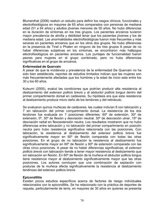 Blumenthal (2006) realizó un estudio para definir los rasgos clínicos, funcionales y
electrofisiológicos en mayores de 65 años comparados con personas de mediana
edad (51 a 64 años) y adultos jóvenes menores de 50 años. No hubo diferencias
en la duración de síntomas en los tres grupos. Los pacientes ancianos tuvieron
mayor prevalencia de atrofia y debilidad tenar que los pacientes jóvenes y los de
mediana edad. Las anormalidades electrofisiológicas fueron más frecuentes y más
severas en pacientes ancianos que en los otros dos grupos. No hubo diferencias
en la presencia de Tinel o Phalen en ninguno de los tres grupos A pesar de no
haber diferencias subjetivas en los síntomas, se encontraron más hallazgos
electrofisiológicos en pacientes ancianos. Los puntajes de funcionalidad fueron
peores para mujeres en el grupo combinado, pero no hubo diferencias
significativas en el grupo de ancianos.
Enfermedad de Quervain
A pesar de que la incidencia y prevalencia de la enfermedad De Quervain no ha
sido bien establecida, reportes de estudios limitados indican que las mujeres son
más frecuentemente afectadas que los hombres y la edad de inicio esta entre los
30 y los 60 años.

Kutsumi (2005), evaluó las condiciones que podrían producir alta resistencia al
deslizamiento del extensor pollicis brevis y al abductor pollicis longus dentro del
primer compartimiento dorsal en cadáveres. Su hipótesis era que esta resistencia
al deslizamiento produce micro daño de los tendones y del retináculo.

Se evaluaron quince muñecas de cadáveres, las cuales incluían 8 con tabicación y
7 sin tabicación del primer compartimiento dorsal. La resistencia de los dos
tendones fue evaluada en 7 posiciones diferentes: 60º de extensión, 30º de
extensión, 0º, 30º de flexión y desviación neutral, 30º de desviación ulnar, 15º de
desviación radial en flexoextensión neutra. Los resultados mostraron que no hubo
diferencias entre tabicación y no tabicación del primer compartimiento en posición
neutra pero hubo resistencia significativa relacionada con las posiciones. Con
tabicación, la resistencia al deslizamiento del extensor pollicis brevis fue
significativamente mayor en 60º de flexión comparada con todas las otras
posiciones. En el grupo de no tabicación la resistencia al deslizamiento fue
significativamente mayor en 60º de flexión y 60º de extensión comparada con las
otras cinco posiciones. A pesar de no haber diferencias significativas, el extensor
pollicis brevis con tabicación tiende a tener mayor resistencia al deslizamiento que
sin tabicación en flexión. En 60º de flexión de la muñeca el abductor pollicis longus
tiene resistencia mayor al deslizamiento significativamente mayor que las otras
posiciones. Los autores concluyen que una combinación de septación con
posturas de la muñeca afecta significativamente la resistencia al deslizamiento
tendinoso del extensor pollicis brevis

Epicondilitis
Existen pocos estudios específicos acerca de factores de riesgo individuales
relacionados con la epicondilitis. Se ha relacionado con la práctica de deportes de
raqueta, particularmente de tenis, en mayores de 30 años en quienes se presenta


                                         70
 